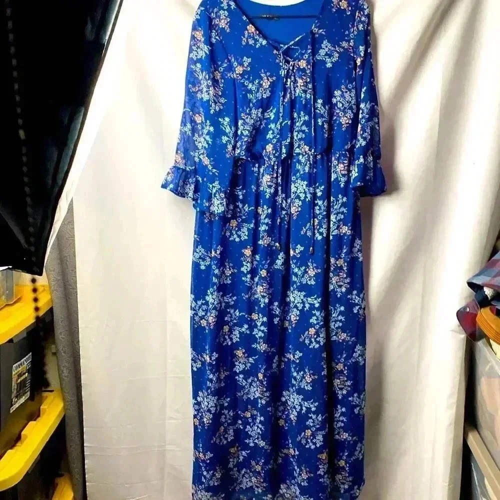 AS U WISH SIZE‎ LARGE MAXI DRESS BLUE FLORAL LINED DRESS SOFT FLOWY ROMANTIC